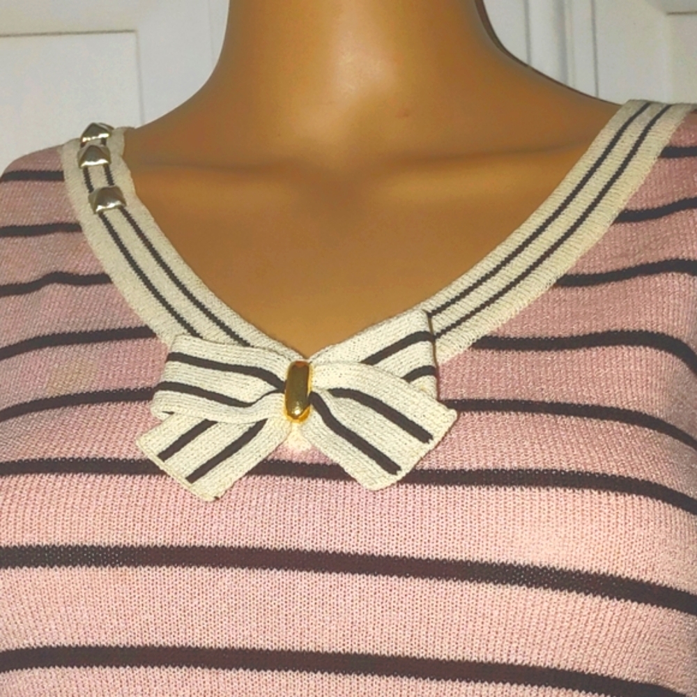 ST JOHN KNIT PRETTY PINK WHITE KNIT STRIPE BOW SHELL
